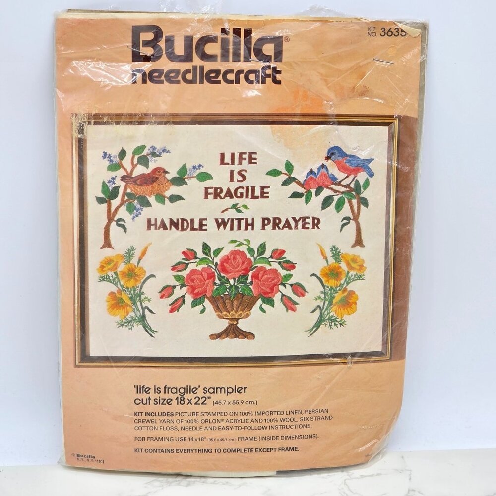 Vintage Bucilla Crewel Embroidery Kit Life Is Fragile Handle with Prayer Sampler
